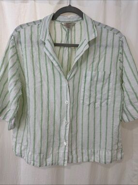 Banana Republic Linen White and Light Green Striped Button-Up Blouse